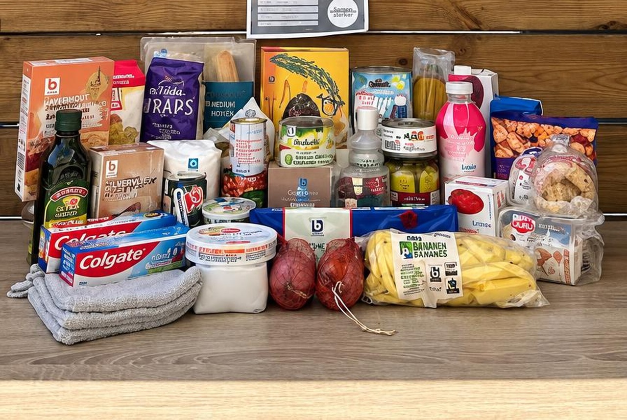 Voedsel- en hygiënpakketten op tafel